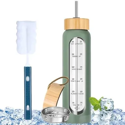 Zdjęcie produktu dla Butelka na wodę szklana 1000 ml ze znacznikami czasu do sportu