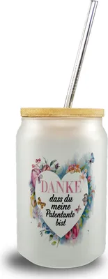 Produktbild von Danke Patentante Trinkglas mit Bambusdeckel Herz Danksagung