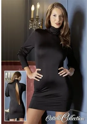 Produktbild von Minikleid Schwarz Luxor Größe S mit kleinem Kragen, langen Ärmeln und Rückenausschnitt