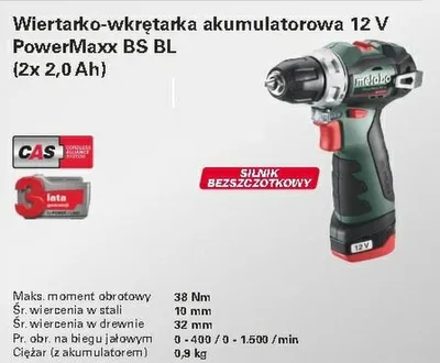 Zdjęcie produktu dla Metabo Wiertarko-wkrętarka 12V 38Nm 2x2,0Ah BS BL 12