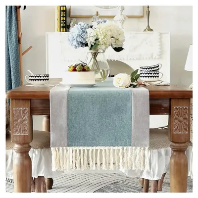 Produktbild von Tischläufer im modernen Landhausstil mit Quasten, waschbar, für Tischplatten bei Outdoor-Hochzeiten, Partys und in der Küche (Grau-Grün, 35 x 140 cm)