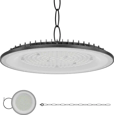 Produktbild von JOIEYOU 300W UFO-Form Industriebeleuchtung Kaltweiß LED Hallenstrahler IP65 2cm Ultradünne Industrielampe Hängeleuchten mit Aufhängekette für Baustelle Lager Fabrik Hof Tunnel
