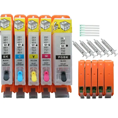 A set of ink cartridges and refill syringes arranged on a white background.