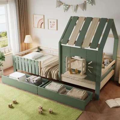 Produktbild von Kinderbett 90x200cm Hausbett mit Dach und Fenster, Kinderbett mit 2 Schubladen aus Kiefer, MDF und Sperrholz in Grün+Natur