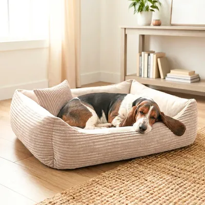 Produktbild von 4L Textil MOLLY Kuscheliges Cord Hundebett mittelgroße Hunde Hundekorb Cord Hundekissen flauschig Hundekörbchen Cord (100x80 cm, Beige)