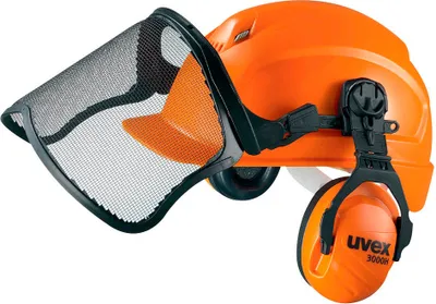 An orange forestry helmet with a mesh visor and ear defenders attached.