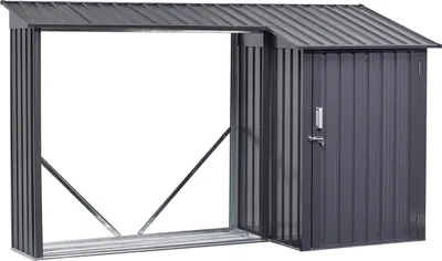 A dark gray metal outdoor storage unit with an open section and a closed section with a door.