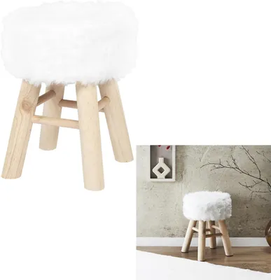 Immagine prodotto di Pouf rivestito in ecopelle bianca, diametro 28 cm, altezza 40 cm, con gambe in legno, ideale per piccoli spazi