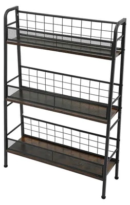 Zdjęcie produktu dla Półka na płyty winylowe - 3-poziomowa półka na płyty winylowe i czasopisma - trapezowa - metalowa - czarna - maksymalne obciążenie 25 kg - regulowane nóżki