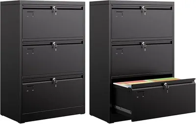 Produktbild von Metallschrank mit 3 Schubladen?Großes Fassungsvermögen Aktenschrank?Aufnahmeschrank mit Schloss?Große Kapazität, Geeignet für Zuhause, Büro,Schwarz