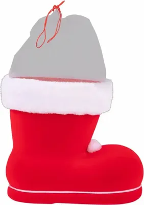 A red Santa boot with a white fluffy trim and a gray bag inside, tied with a red string.