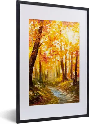 Produktbild von MuchoWow® Gerahmtes Poster Gemälde - Herbst - Wald - Ölgemälde 40x60 cm - Poster mit Schwarzem Bilderrahmen Wandposter Rahmen Foto Bilder - Poster in Rahmen