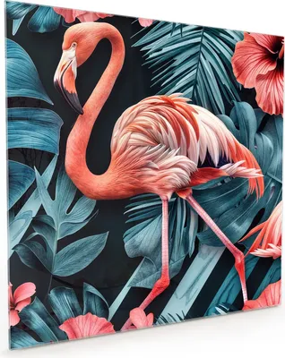 Produktbild von Küchenrückwand Spritzschutz Glas mit Motiv Flamingos und Blumen 40 x 40 cm