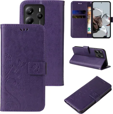 Produktbild von Handyhülle für Xiaomi Redmi Note 14 5G Floral Blumen Schmetterling Flip Cover Hülle Case Klapphülle Handytasche Farbe: Violett