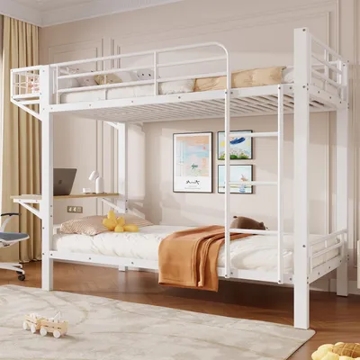 Productafbeelding van Flieks etagebed 90x200 cm met ladder en bureau, eenpersoonsbed met open opbergruimte, hoogslaper met spijlen, wit, metaal + MDF