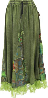 Produktbild von Boho Spitzen Maxirock, Patchwork Rock, Weiter Langer Rock - Grün, Damen, Baumwolle, Röcke