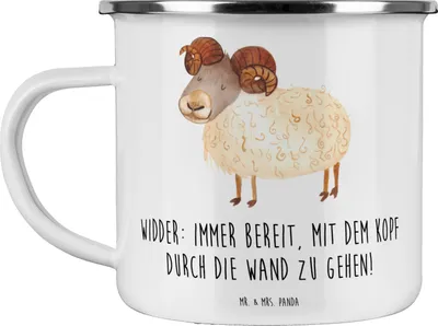 Produktbild von Mr. & Mrs. Panda Emaille Becher Widder Power - Weiß - Geschenk, Geschenke Sternzeichen, Pott, Tierkreiszeichen, Einzigartigkeit, Teetasse, Blechtasse, Teebecher, Mut