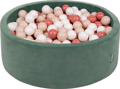 Produktbild von KiddyMoon rund bällebad velvet bällepool 90x30cm/300 bälle ∅ 7cm ballgruben für babys spielbad kleinkinder, hergestellt in der eu, waldgrün: pastellbeige/lachsfarben/weiß