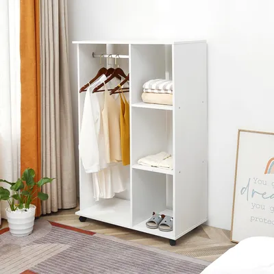 Produktbild von Sweiko Kleiderschrank auf Rollen, mobile Garderobe, Garderobenschrank, Rollbarer Kleiderständer, 80 x 40 x 128 cm, Weiß