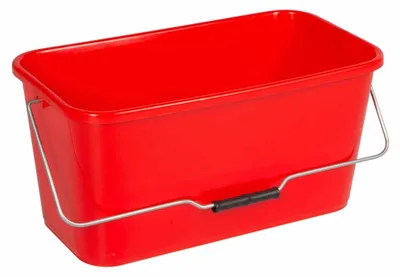 A red rectangular bucket with a metal handle and a black grip is shown against a white background.