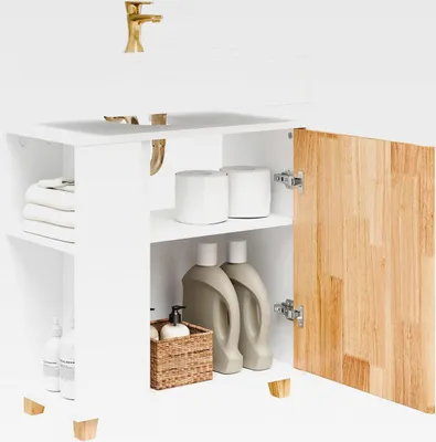 Produktbild von Waschbeckenunterschrank Badmöbel Unterschrank Badezimmer – Badschrank mit Siphonaussparung, 2 Türen & 2 offene Fächer – Platzsparender Waschtischunterschrank, Weiß-Natur 60x60x29cm BZR75-W