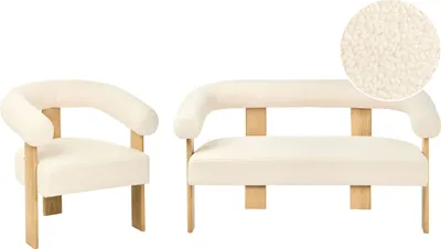 Zdjęcie produktu dla BELIANI Komplet wypoczynkowy złamana biel z jasnobrązowym boucle sofa i fotel retro do salonu drewniane nogi