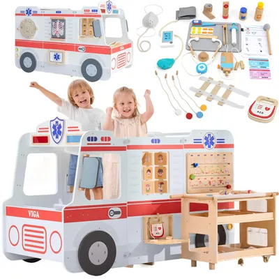 Produktbild von VIGA Großes Holz-Krankenwagen-Set „Kleine Retter“ mit Zubehör, 25-teilig