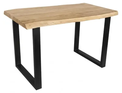 Produktbild von Baumkantentisch Cali 140 x 80 cm, Akazienholz massiv Eiche-Optik, 50 mm Tischplatte, Esstisch mit U-Metallgestell Schwarz, Industrial-Design
