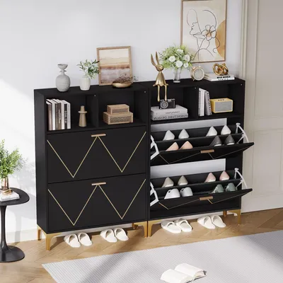 Produktbild von MODFU Schuhschrank Schuhständer mit 4 unteren Klapptüren,Schuhregal mit mehreren herunterklappbaren Schuhregalebenen,Erhöhtes Tischbeindesign,Schwarz
