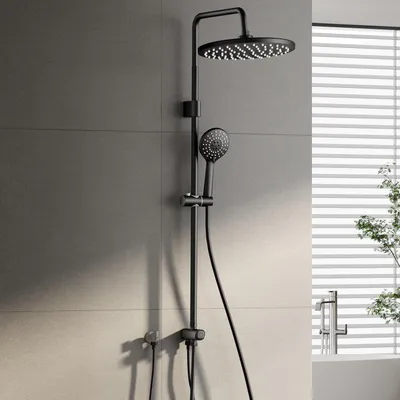 Image de Ensemble de douche sans robinet, noir, en acier inoxydable | Douche à effet pluie, barre de douche, 2 en 1