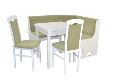 A white dining set with a corner bench and two chairs, featuring green upholstery, is presented against a white background.