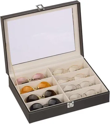 Produktbild von Famanu Brillenbox für 8 Brillen mit transparentem Deckel - Schwarz Kunstleder