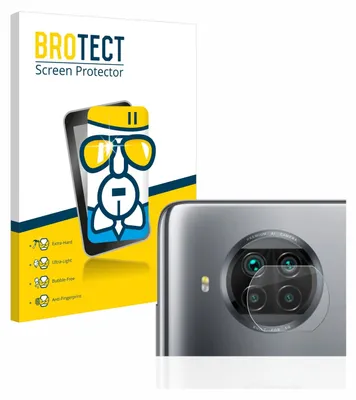 A product package for a screen protector is shown next to a smartphone camera lens with a screen protector applied.
