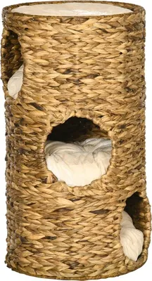 Immagine prodotto di Cuccia per gatti a 3 livelli, 3 ingressi, stile boho, cuscino incluso, 40 cm x 40 cm x 73 cm, marrone