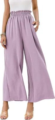 Image de ASKSA Femmes Pantalon d'été Taille Haute Pantalon Large Jupe Plissée Pantalon d'été Pantalon de loisirs avec poche, Violet, XL