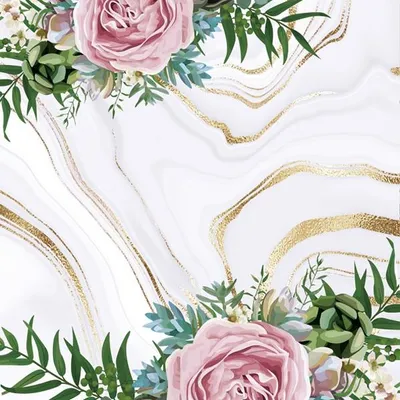 Produktbild von 20 Servietten Pink Roses on Grey & Gold Marble - Rosen an goldenen Streifen 33x33cm