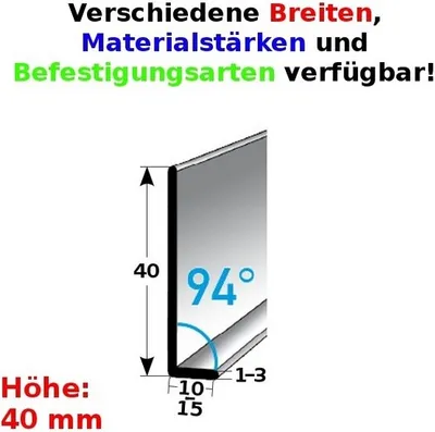 Produktbild von Sockelleiste | Edelstahl | Silber | Breite 10 mm | Höhe 40 mm | Länge 2500 mm | Materialstärke 1 mm | Gebohrt | Fußleiste | 1 Stück