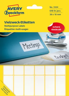 Productafbeelding van Avery Zweckform® 3324 Universele etiketten - 38 x 18 mm, wit, 648 etiketten/27 vel, permanent
