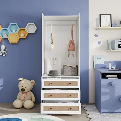 Obrázek produktu pro Skříň - Šatní skříň - Úložná skříň - Komoda - Bílá skříň se 3 zásuvkami - Výška 180 cm