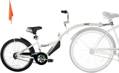 A white child's bike trailer attached to a bicycle.