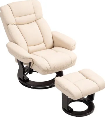Produktbild von Relaxsessel mit Fußhocker, Verstellbarer Sessel, Kunstleder-Bezug, Polstersessel mit klappbarer Rückenlehne, Cremeweiß