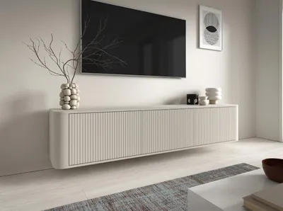 Produktbild von TV-Schrank Hängende RTV Kommode 200 cm Misterio mit Lamellen, abgerundeten Seiten und 3 Schränke - Cashmere