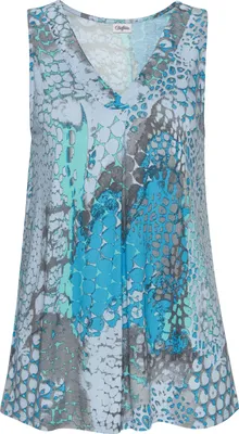 A sleeveless top with a V-neck and a printed pattern.