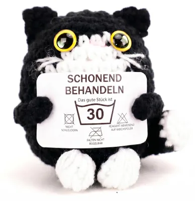 Handgehäkelte Katze mit Glücksmünze, 8x7x5 cm, Geburtstagsgeschenk