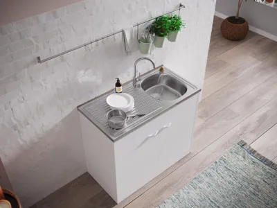 Produktbild von Komplettspüle Spüle Unterschrank mit Drehtüren 100 x 50 cm Weiß Respekta