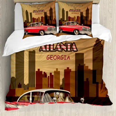 Produktbild von ABAKUHAUS Georgia Bettbezug Set für Einzelbetten, Retro Car und City Skyline, Milbensicher Allergiker geeignet mit Kissenbezug, 155 cm x 220 cm - 80 x 80 cm, Dunkler Kakao Multicolor