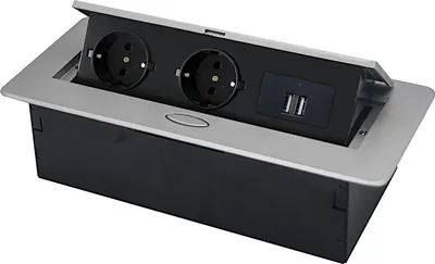 Produktbild von THEBO Aluminium Tischsteckdose APS 11 USB mit 2 Steckdosen Schuko und USB Ladestation