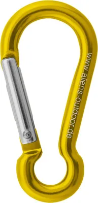 Gelber Zubehörkarabiner MINI 5 cm von Aliens; geeignet für Klettern; mit einem stabilen Verschluss.