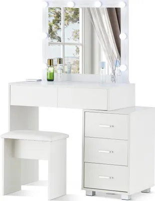 Produktbild von CLIPOP Schminktisch mit Beleuchtung und Hocker Led Spiegel, weiß Kommode geräumigem Stauraum