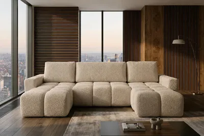 Produktbild von NORDELO Wohnlandschaft mit Schlaffunktion und Bettkasten RIVELLO 340x165x78 cm Beige - Schlafsofa U-Form mit Stauraum - Bouclé / Chenille ARENA